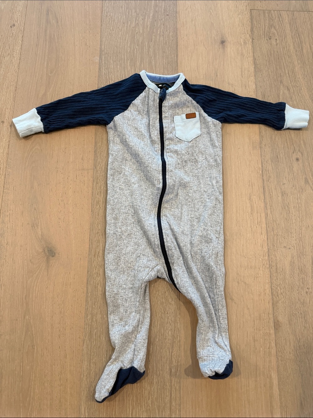 7 For All Mankind Gray One-Piece Footed Romper with Navy Sleeves
